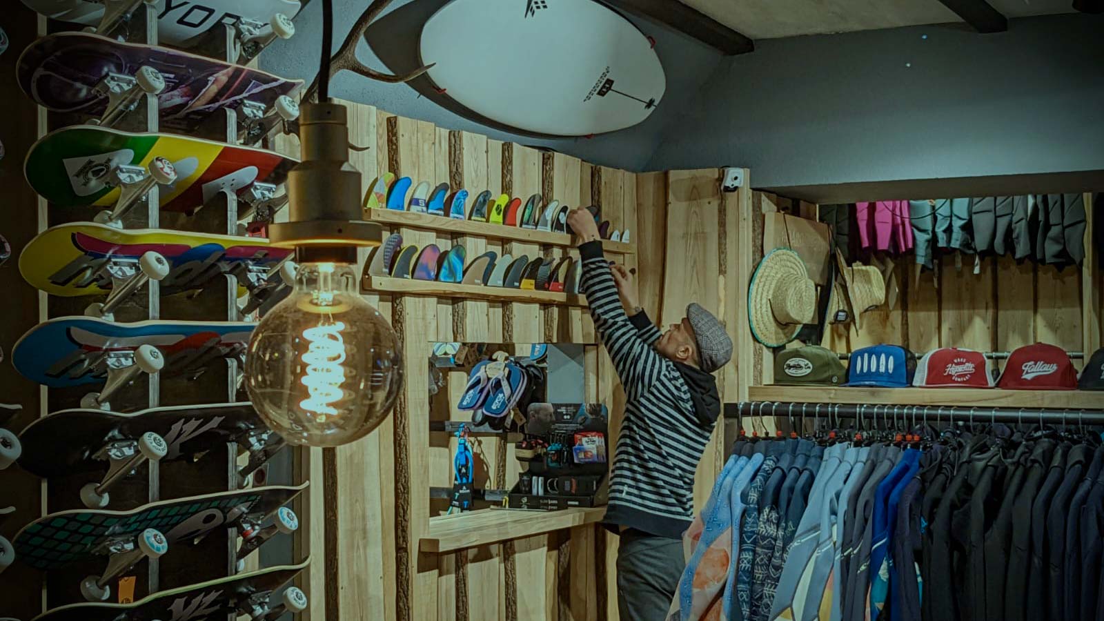 Boardside Surf and Watersports Store with Surfboards, Surfskates and Fins.