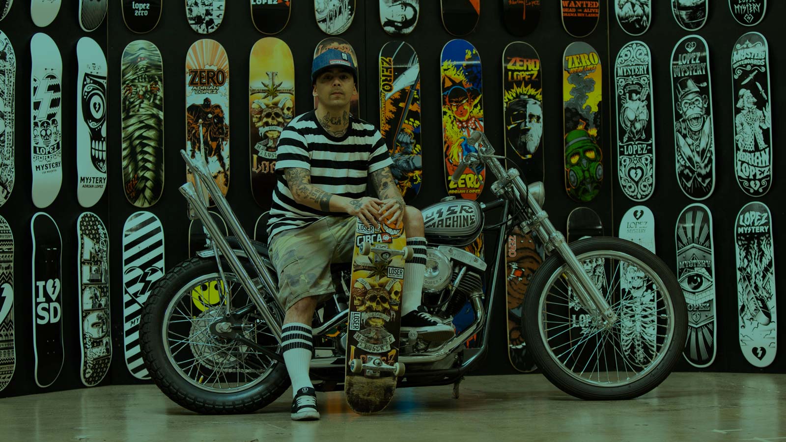 Skateboard collection. Chopper motorcycle.Skateboarding is one of the most democratic and liberating sports out there.