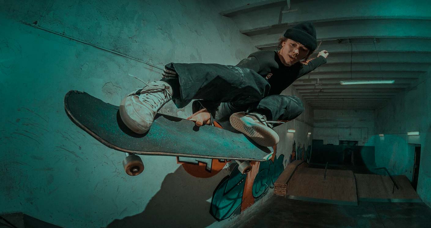 Indoor Skatepark. Tweaking out. Grip tape is what keeps you locked to your board when things get technical.