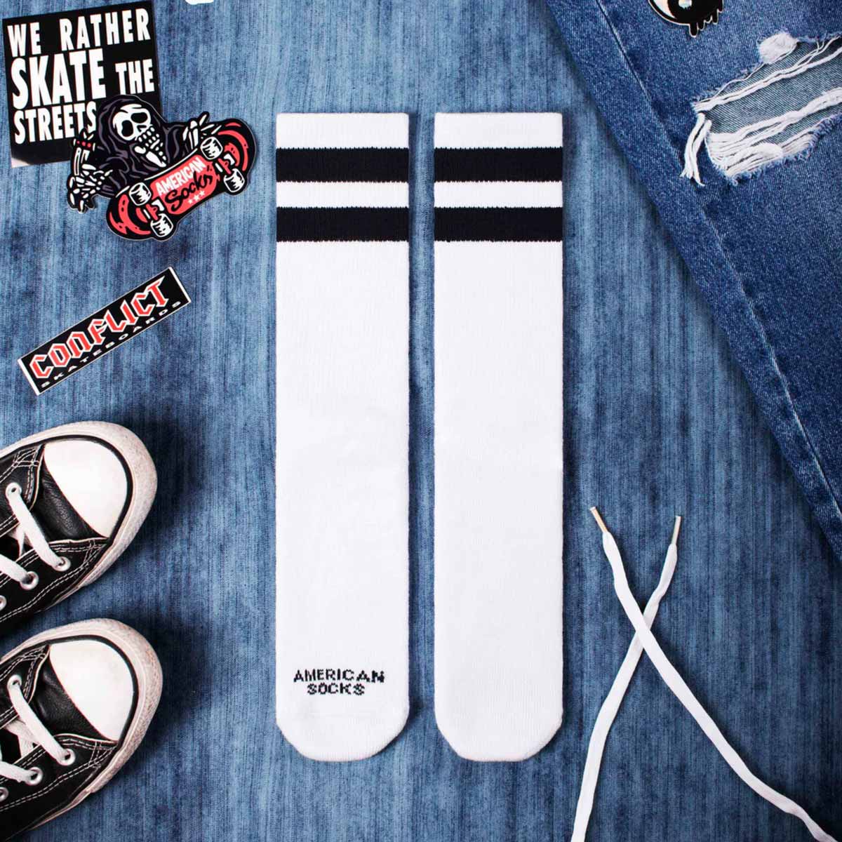 American Socks Mid High Old School - White/Black-Black