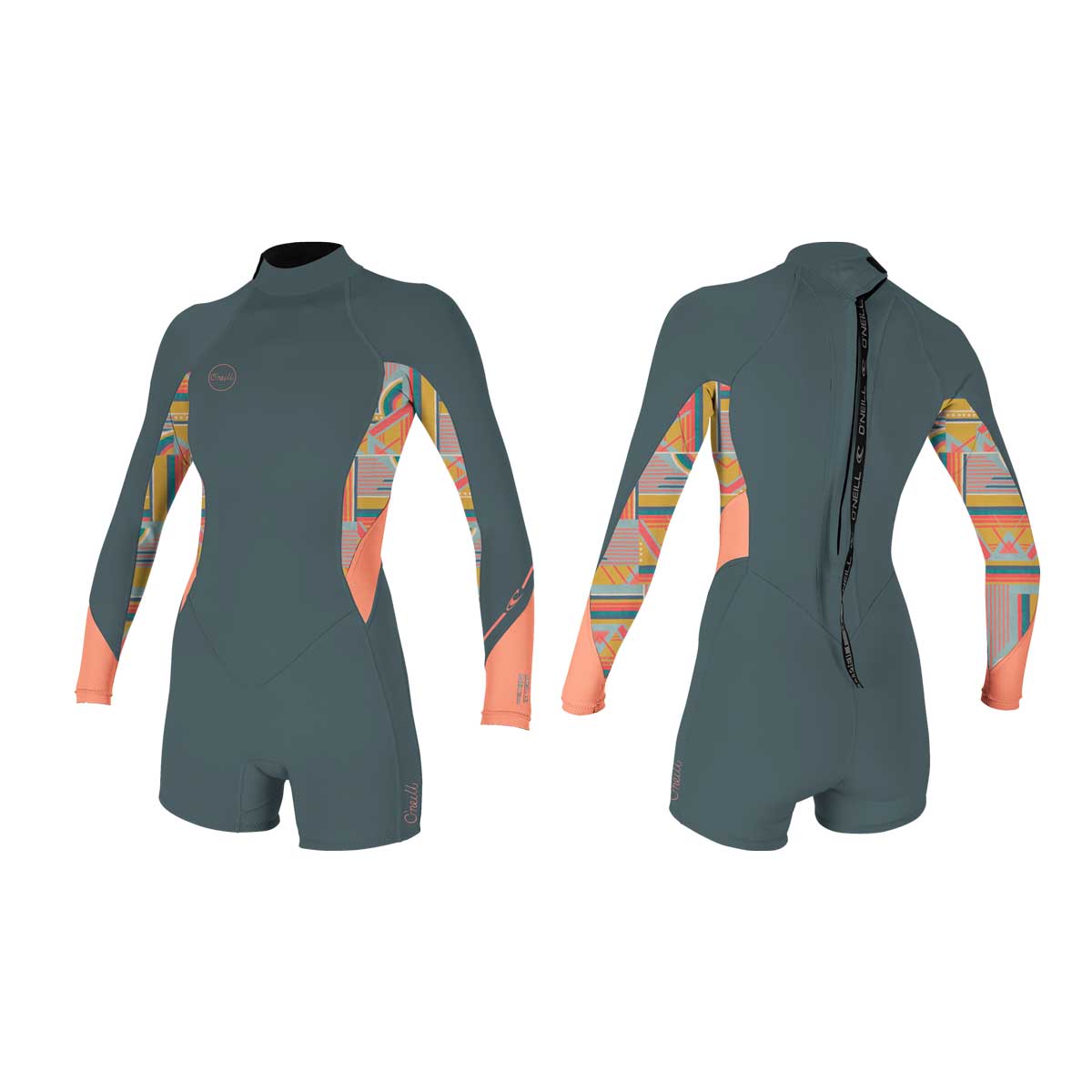 O'Neill Wms Bahia 2/1 Back Zip L/S Spring Wetsuit – Shade/Arta Geo/Burnt Coral IF3